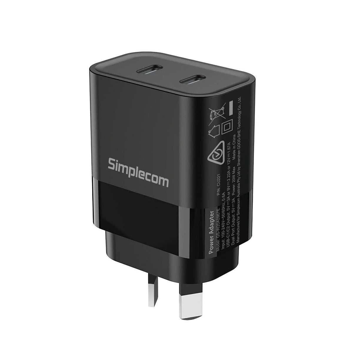 Simplecom CU221 Dual USB-C Fast Wall Charger PD 20W by Simplecom