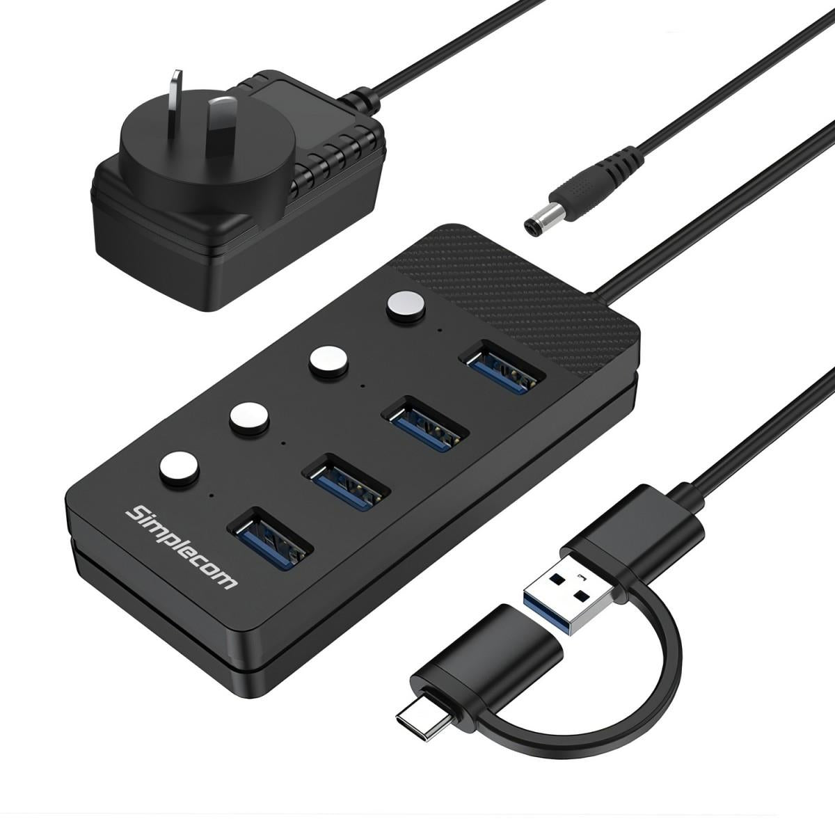 Simplecom CH345C SuperSpeed USB-A and USB-C to 4 - Port USB 3.0 Hub 5Gbps Individual Switches and Power Adapter IT Warehouse