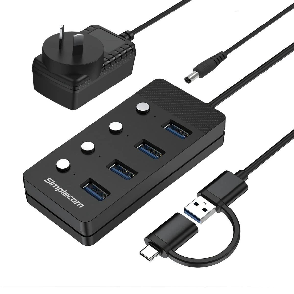 Simplecom CH345C SuperSpeed USB-A and USB-C to 4-Port USB 3.0 Hub 5Gbps Individual Switches and Power Adapter by Simplecom