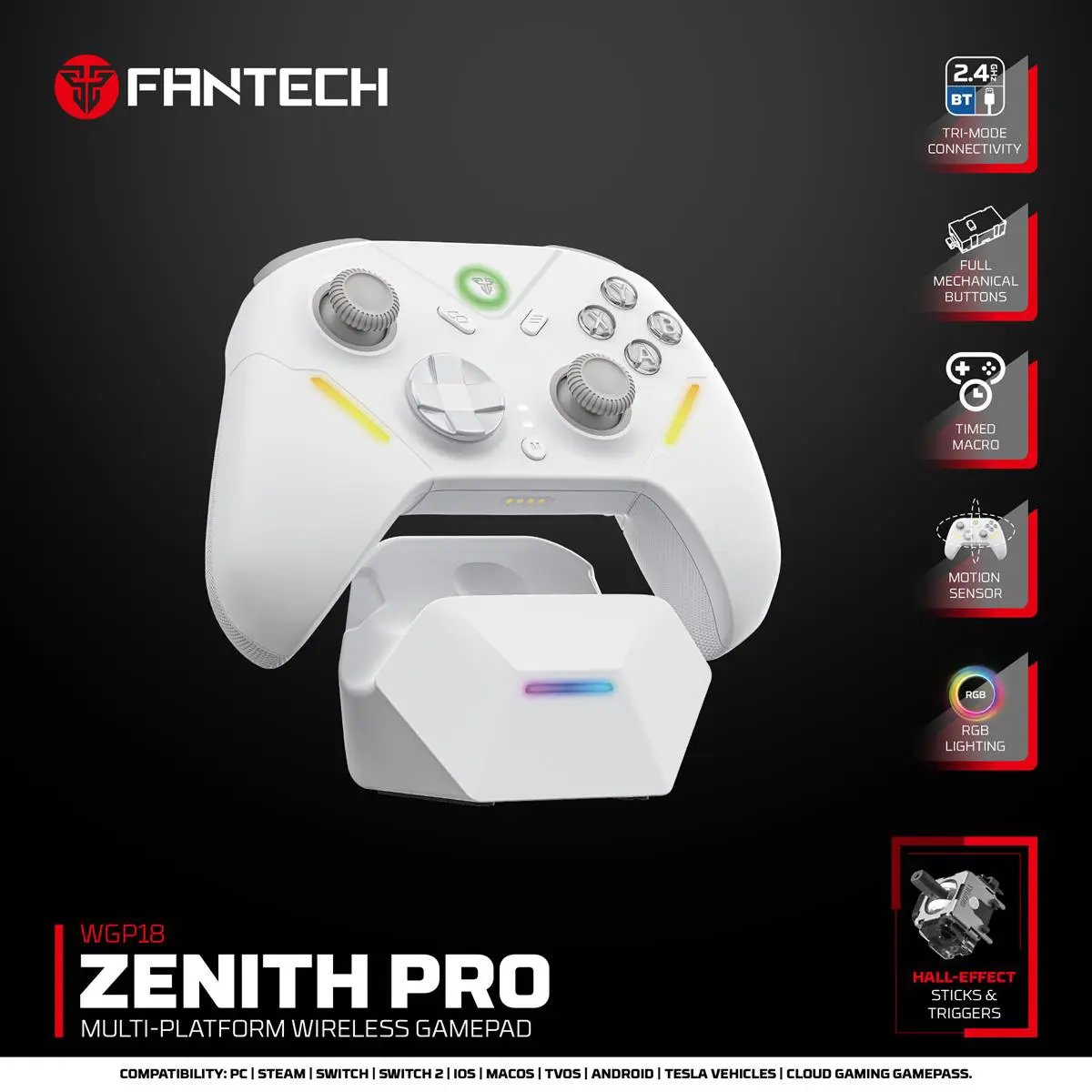 Fantech ZENITH PRO Wireless Gamepad RGB Multi-Platform Game Controller with Charging Dock (White) by Fantech