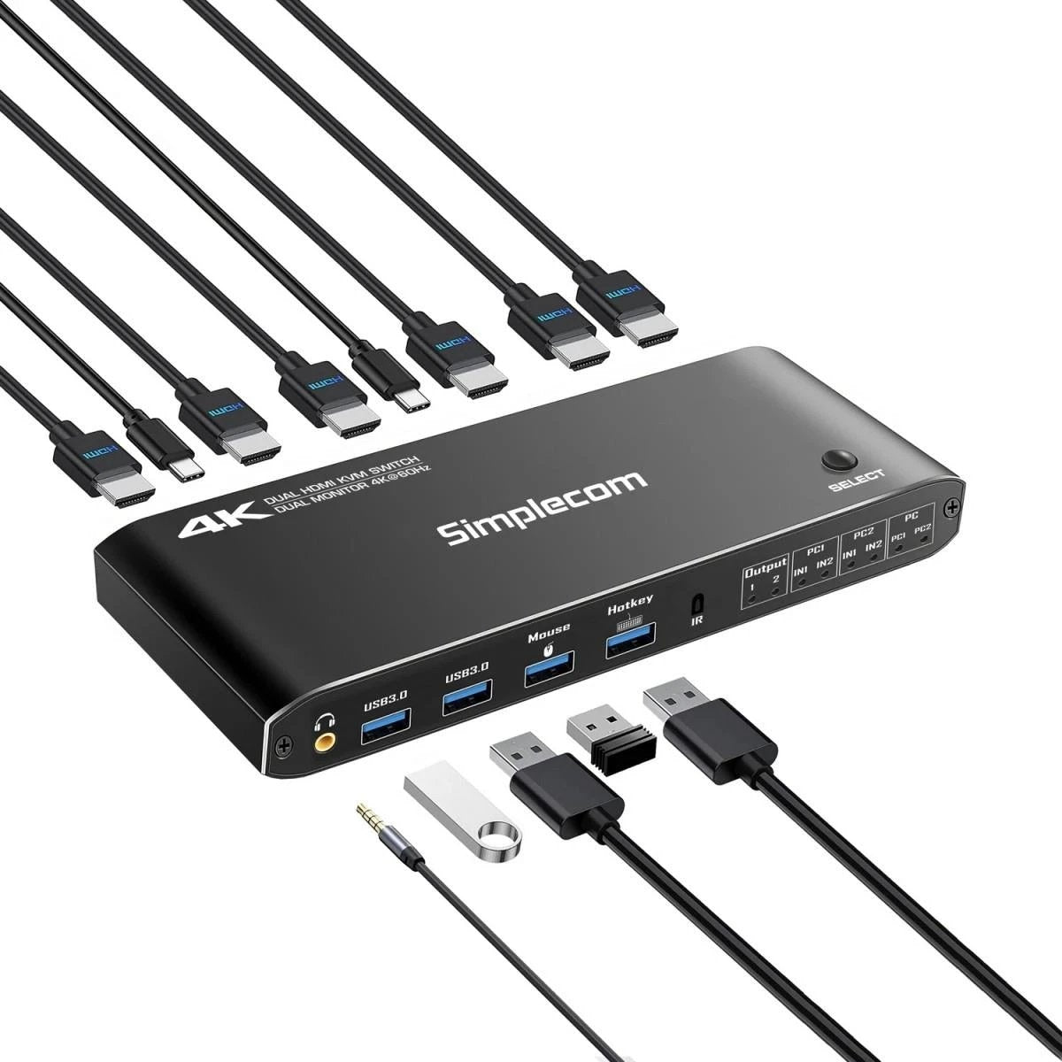 Simplecom KM430 Dual HDMI Monitor KVM Switch for 2 Computers with 4-Port USB Hub 4K@60Hz by Simplecom
