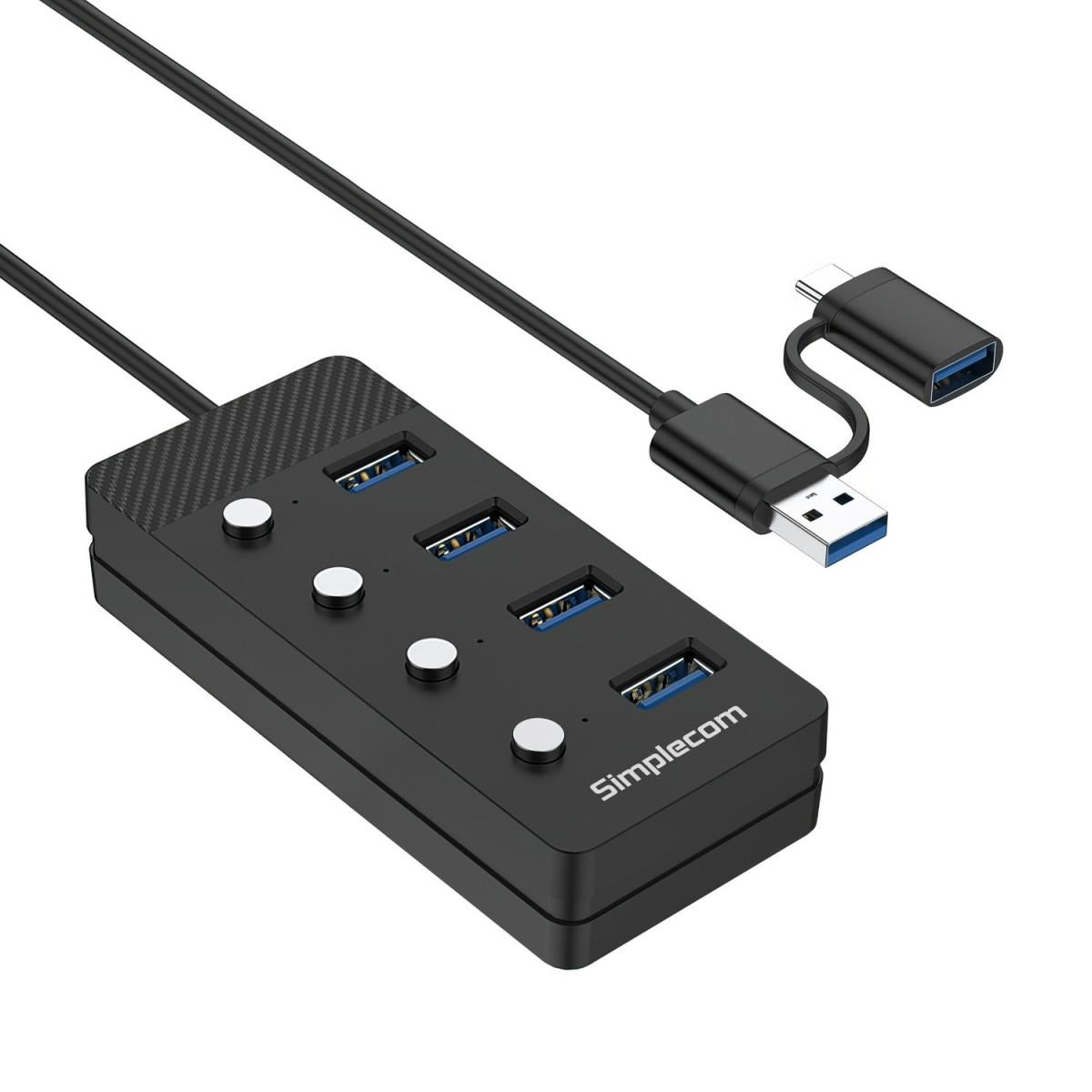 Simplecom CH345C SuperSpeed USB-A and USB - C to 4-Port USB 3.0 Hub 5Gbps Individual Switches and Power Adapter IT Warehouse
