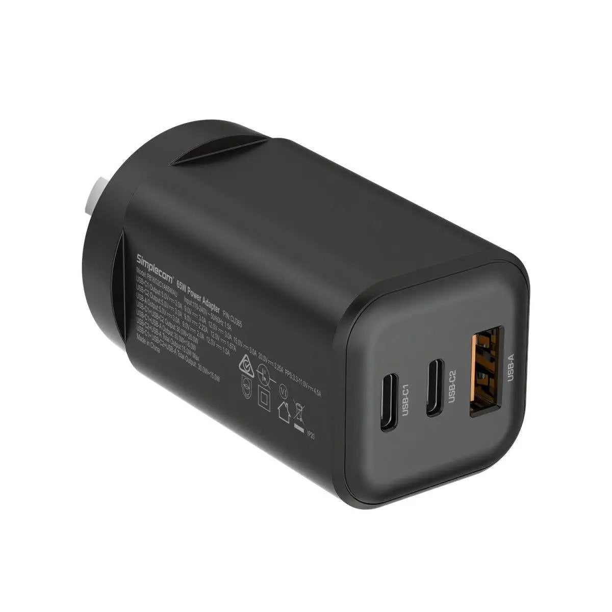 Simplecom CU365 3-Port PD 65W GaN Wall Charger Dual USB-C + USB-A for Phone Lapto by Simplecom