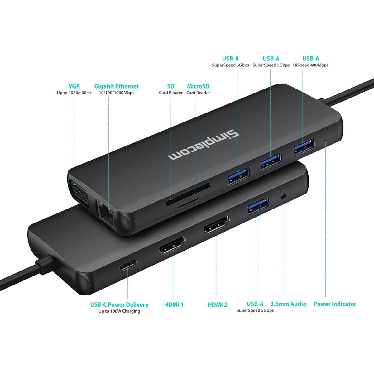 Simplecom CHN612 USB - C 12 - in - 1 Multiport Docking Station Dual HDMI + VGA Triple Display Gigabit LAN - IT Warehouse