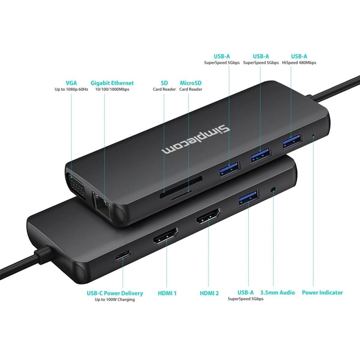 Simplecom CHN612 USB-C 12-in-1 Multiport Docking Station Dual HDMI + VGA Triple Display Gigabit LAN by Simplecom
