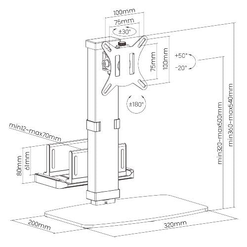 Brateck Vertical Lift Monitor Stand With Thin Client CPU Mount Fit Most 17" - 32" - IT Warehouse