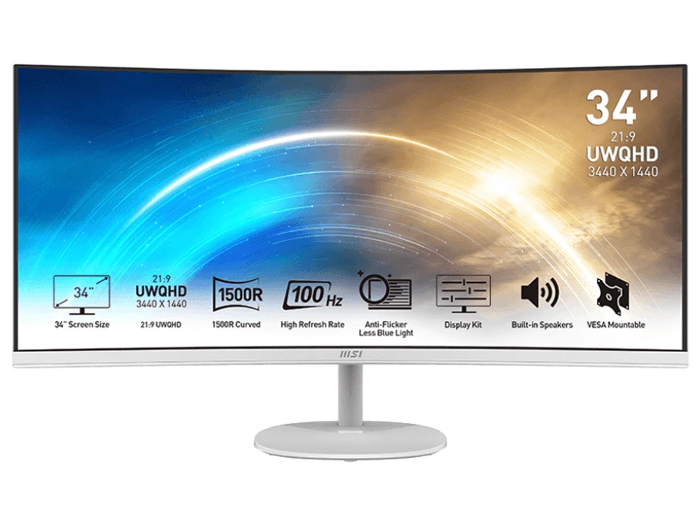 MSI Pro MP341CQW 34in Ultra-wide QHD VA 100Hz Curved Business Monitor - White by MSI