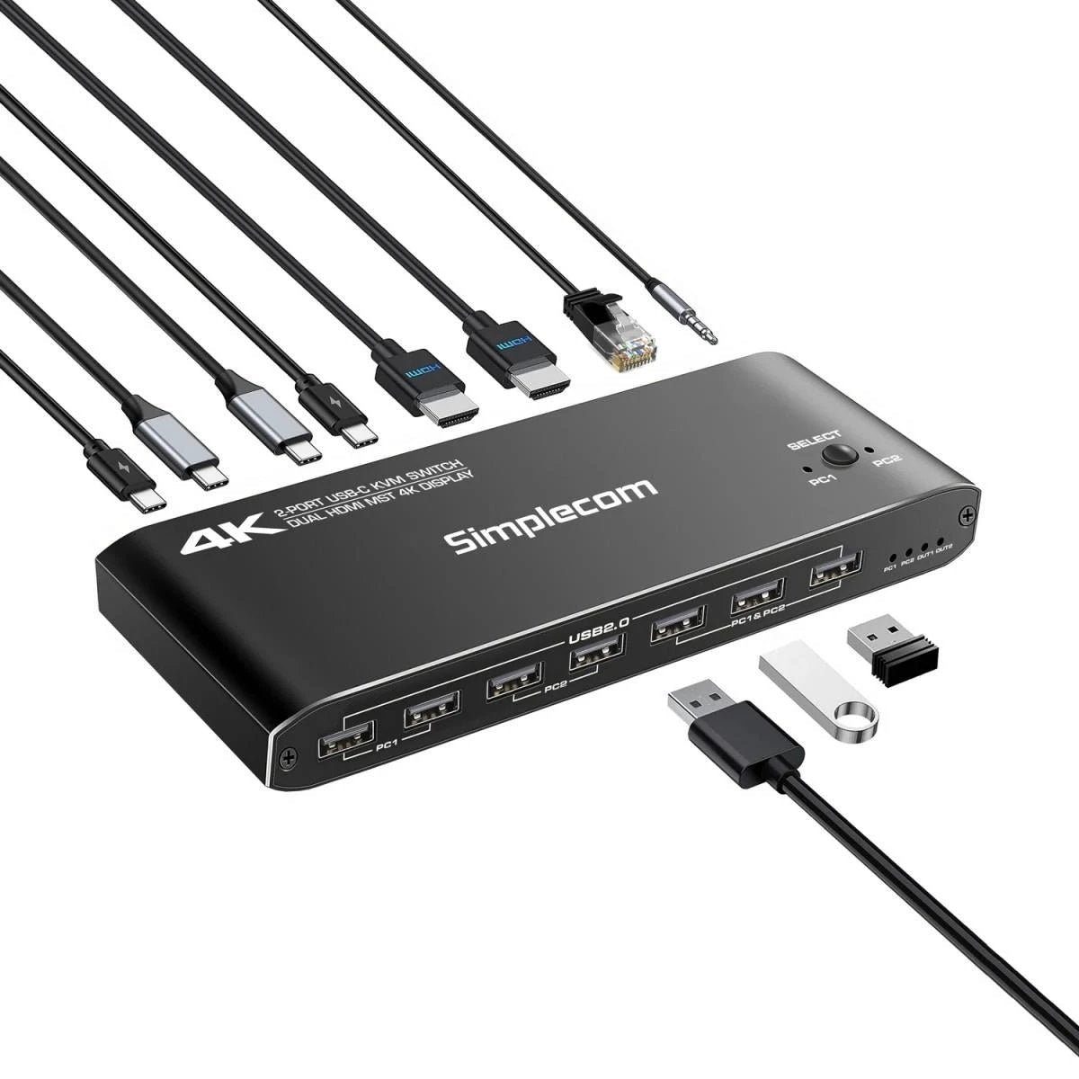 Simplecom KM590 2-Port USB-C Dual 4K HDMI Monitor KVM Switch and Docking Station with Network Sharing by Simplecom