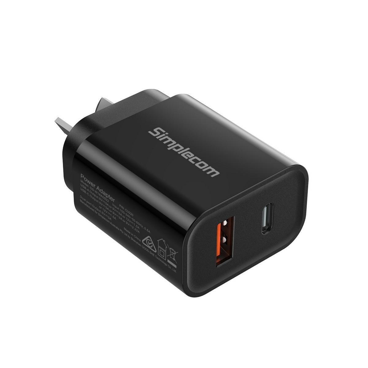 Simplecom CU220 Dual Port PD 20W Fast Wall Charger USB - C + USB - A for Phone Tablet - IT Warehouse