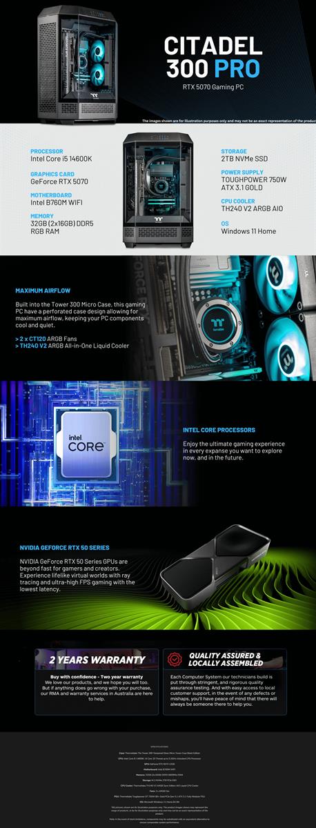Thermaltake Citadel 300 Pro Desktop PC Intel Core i5-14600KF 32GB RAM RTX 5070 W11H - Tower 300 Black
