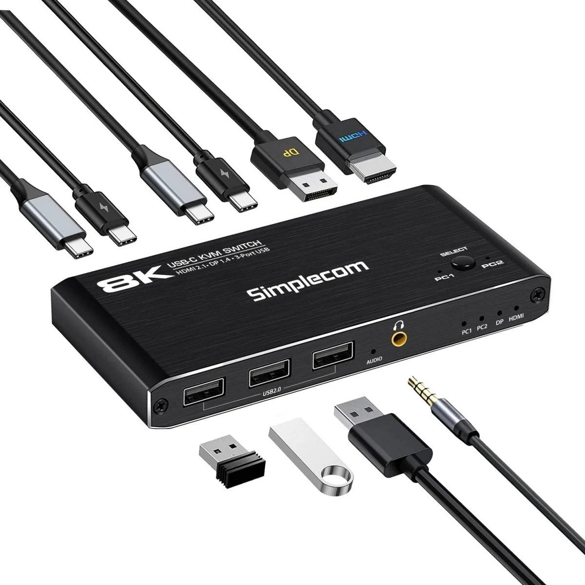 Simplecom KM470 2-Port USB-C KVM Switch 8K Docking Station HDMI 2.1 DP for Laptop Tablet by Simplecom
