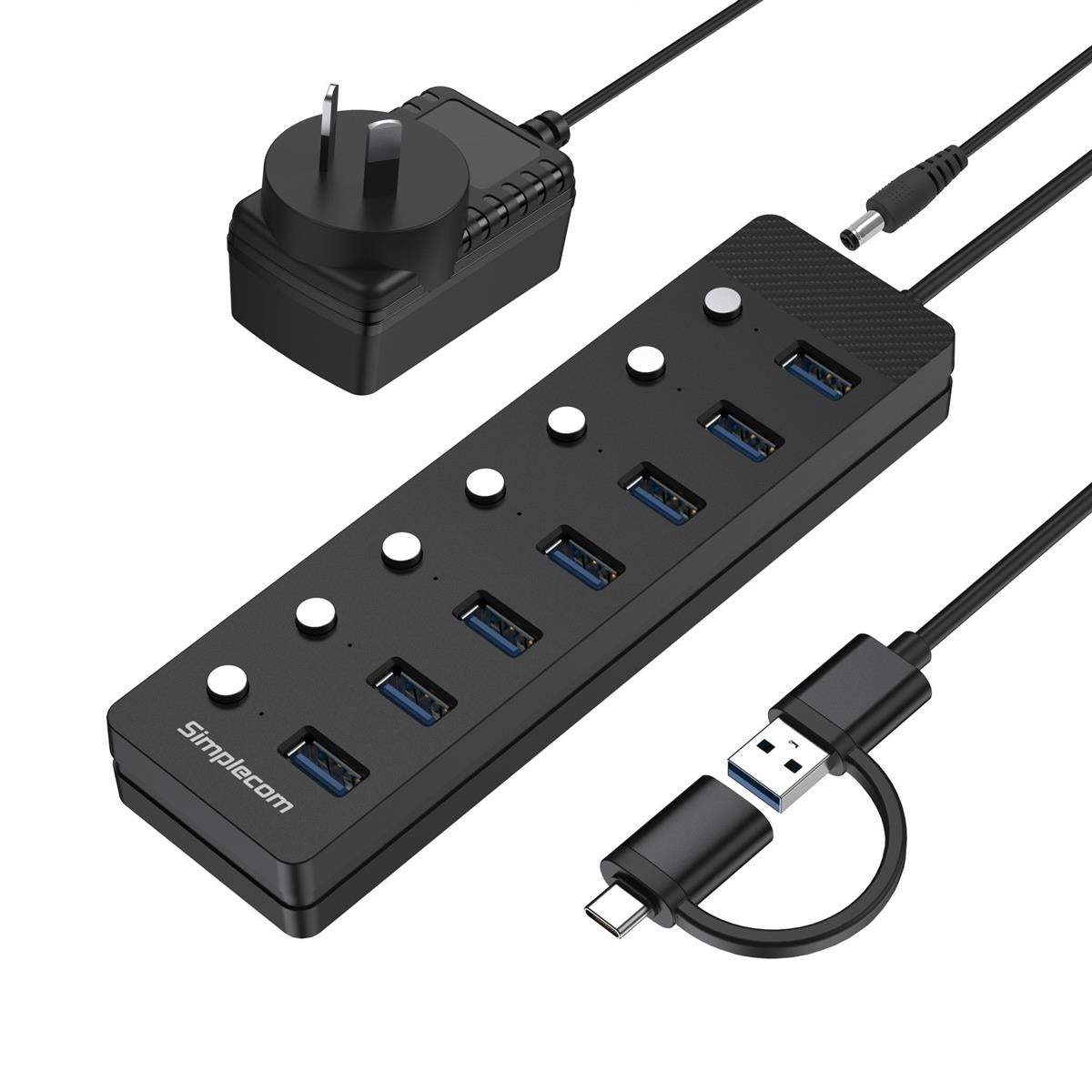 Simplecom CH375C 7 - Port USB A/C 3.0 Hub Individual Switches and Power - IT Warehouse