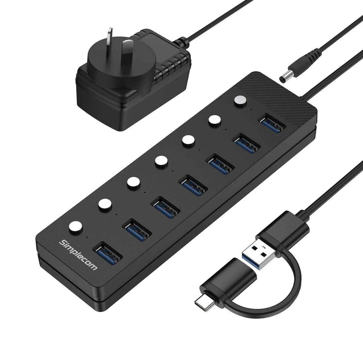 Simplecom CH375C 7-Port USB A/C 3.0 Hub Individual Switches and Power by Simplecom