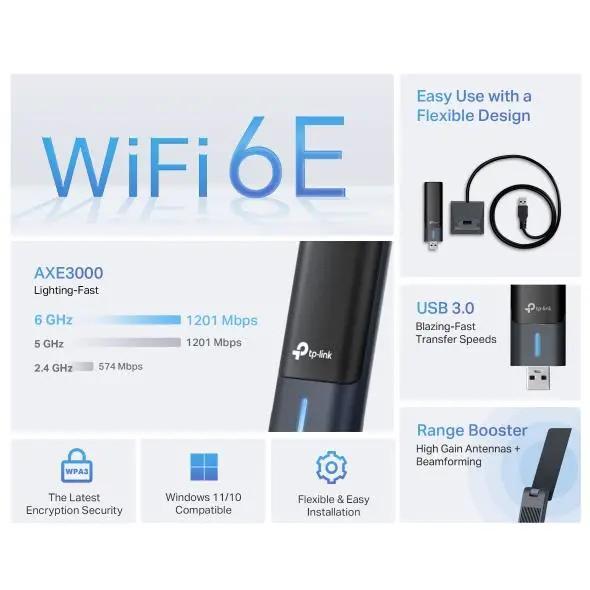 TP-Link Archer TXE50UH AXE3000 Wi-Fi 6E High Gain Wireless USB Adapter by TP Link