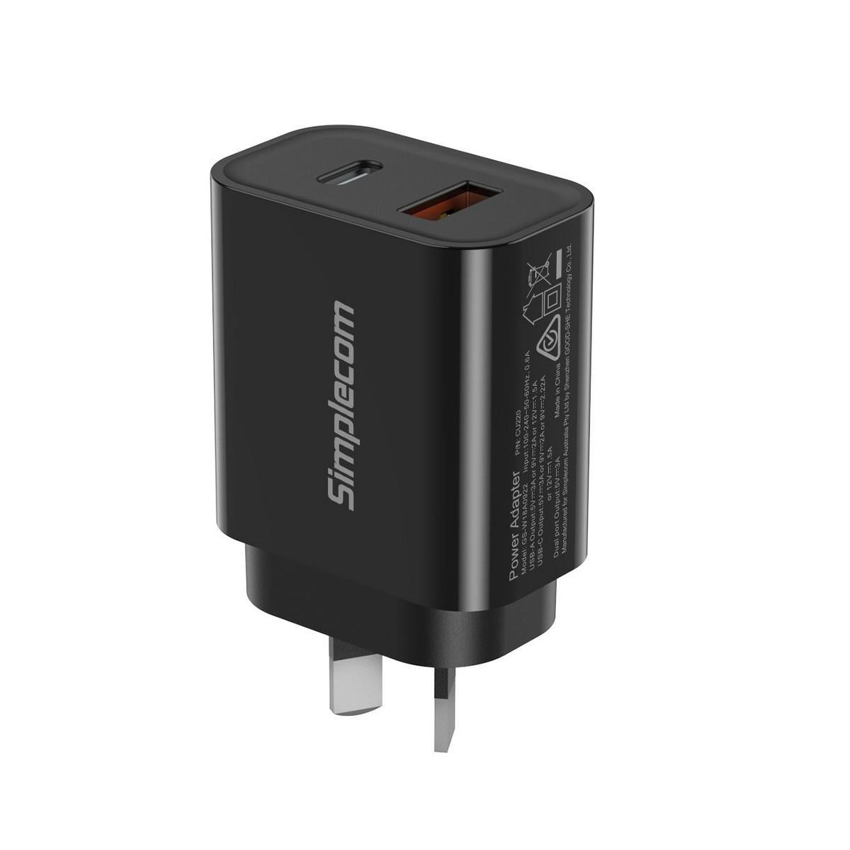 Simplecom CU220 Dual Port PD 20W Fast Wall Charger USB - C + USB - A for Phone Tablet - IT Warehouse