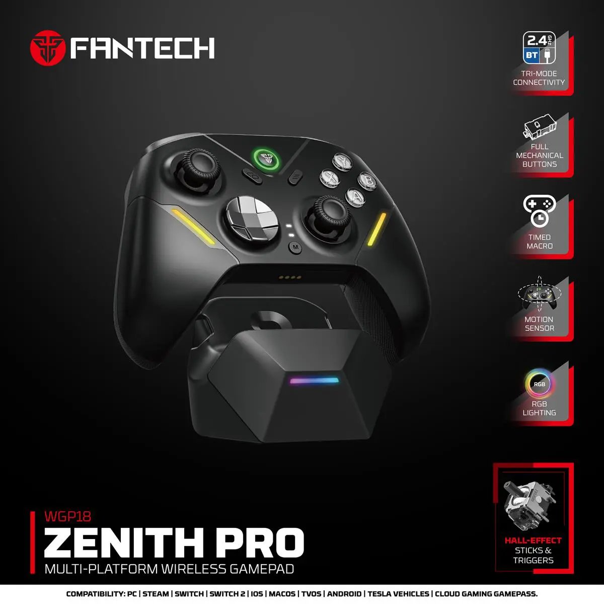Fantech ZENITH PRO Wireless Gamepad RGB Multi-Platform Game Controller with Charging Dock (Black) by Fantech