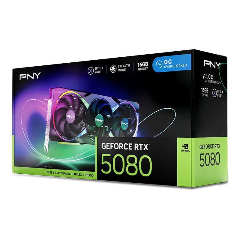 PNY GeForce RTX™ 5080 ARGB EPIC-X RGB™ Overclocked Triple Fan Graphics Card