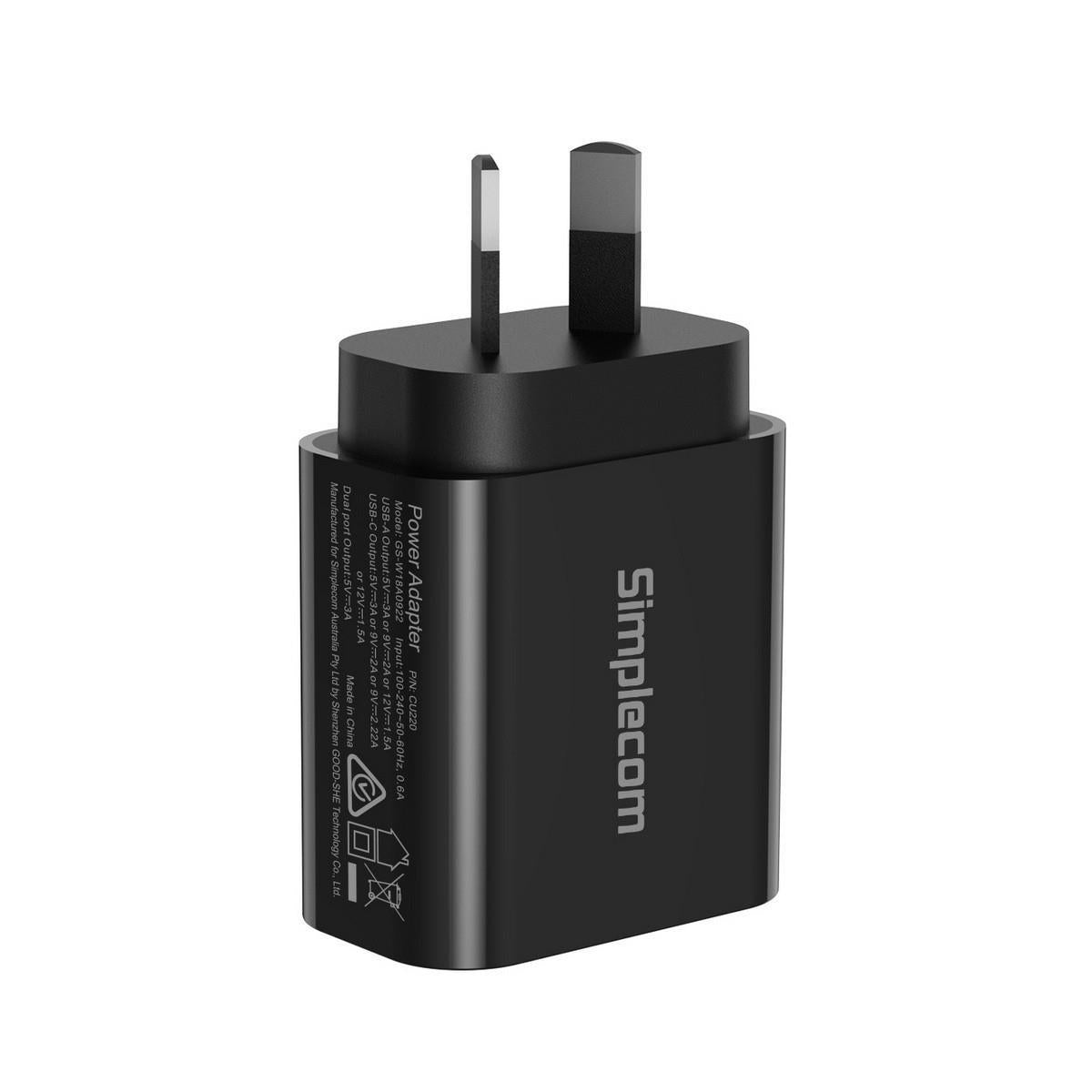 Simplecom CU220 Dual Port PD 20W Fast Wall Charger USB - C + USB - A for Phone Tablet - IT Warehouse