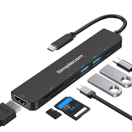 Simplecom CH547 USB-C 7-in-1 Multiport Adapter USB Hub HDMI Card Reader PD - Electronics > Electronics Accessories > Computer Accessories > Laptop Docking Stations from Simplecom