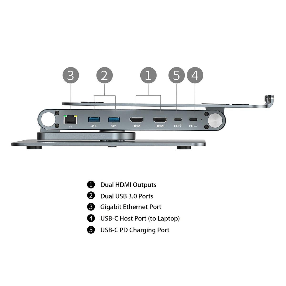 Simplecom CHT660 Adjustable Aluminium Laptop Stand with 6-Port USB-C Docking Station Dual 4K HDMI Display