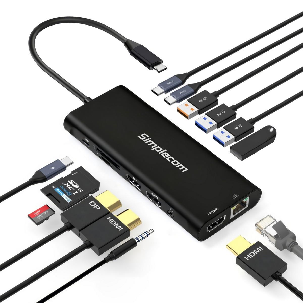 Simplecom CHT814 14-in-1 USB-C 4K Triple Display MST Docking Station with Dual HDMI DP