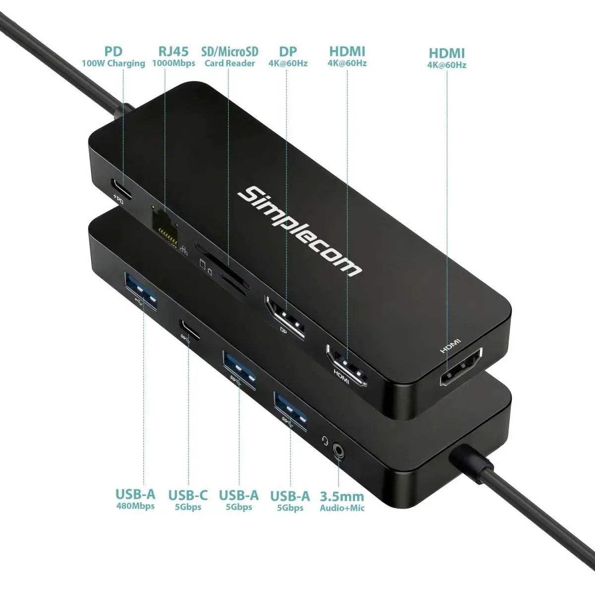 Simplecom CHT812 12-in-1 USB-C 4K Triple Display MST Docking Station with Dual HDMI DP by Simplecom
