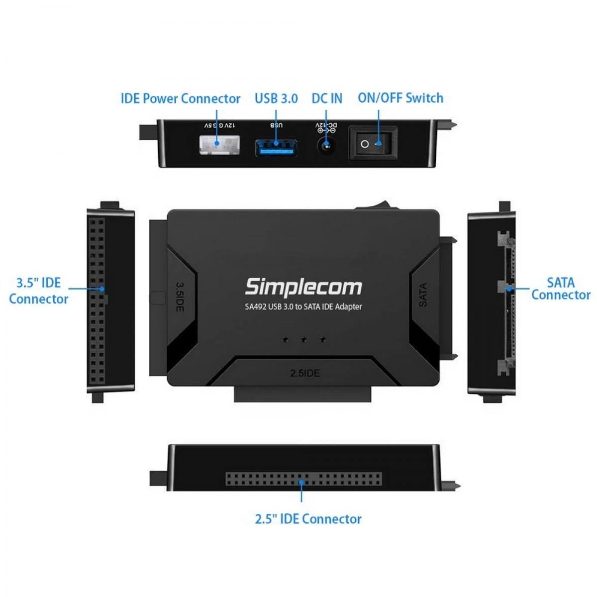 Simplecom SA492 USB 3.0 to 2.5", 3.5", 5.25in SATA IDE Adapter with Power Supply by Simplecom