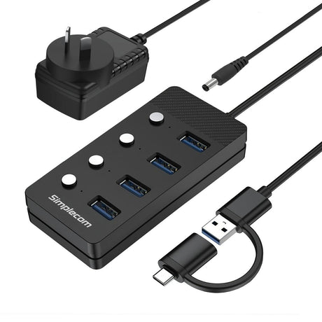 Simplecom CH345C SuperSpeed USB-A and USB-C to 4-Port USB 3.0 Hub 5Gbps Individual Switches and Power Adapter - Electronics > Electronics Accessories > Computer Components > USB & FireWire Hubs from Simplecom