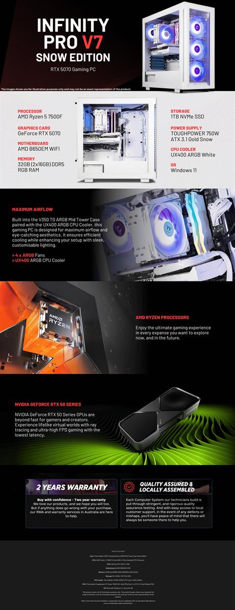 Thermaltake Infinity PRO V7 Desktop PC AMD Ryzen 5 7500F 32GB RAM RTX 5070 W11 - V350 Snow Edition