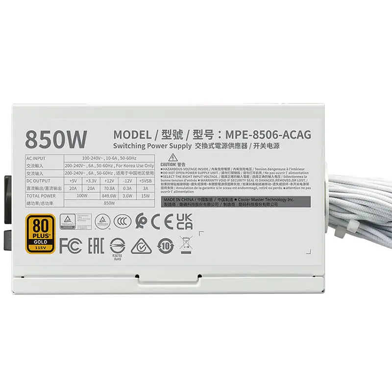 Cooler Master MWE V3 Series 850W 80+ Gold Power Supply - White