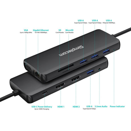 Simplecom CHN612 USB-C 12-in-1 Multiport Docking Station Dual HDMI + VGA Triple Display Gigabit LAN - Electronics > Electronics Accessories > Computer Accessories > Laptop Docking Stations from Simplecom
