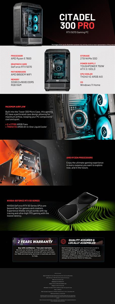 Thermaltake Citadel 300 Pro Desktop PC AMD Ryzen 5 7600 32GB RAM RTX 5070 W11H - Tower 300 Black