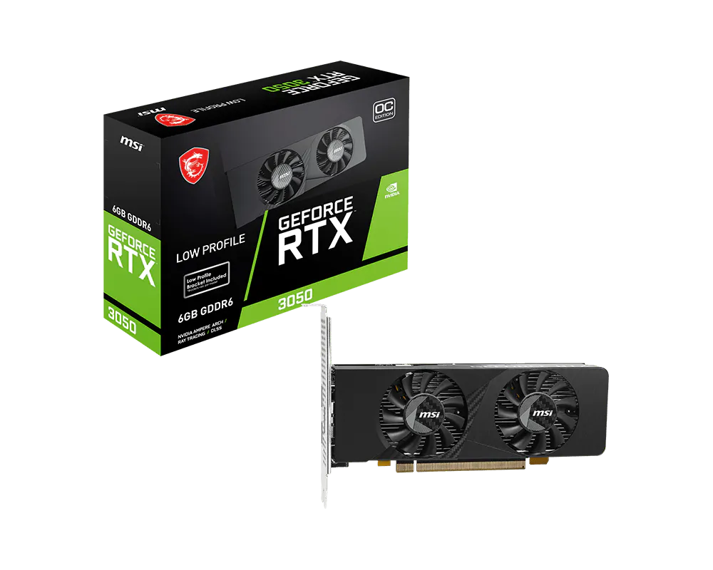 MSI GeForce RTX 3050 LP E 6G OC (Boost: 1492 MHz), 6GB GDDR6 (14Gbps), 96-bit, PCI-E 4.0 x16, 1x DisplayPort 1.4a, 2x HDMI 2.1, Dual Fans Thermal, Low Profile Design