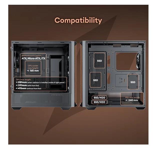 OKINOS Cypress P7 Genuine Walnut Wood Trim ATX, Type-C, 4 x 120mm PWM Fans, Black Stylish Premium Case