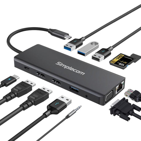 Simplecom CHN612 USB-C 12-in-1 Multiport Docking Station Dual HDMI + VGA Triple Display Gigabit LAN - Electronics > Electronics Accessories > Computer Accessories > Laptop Docking Stations from Simplecom