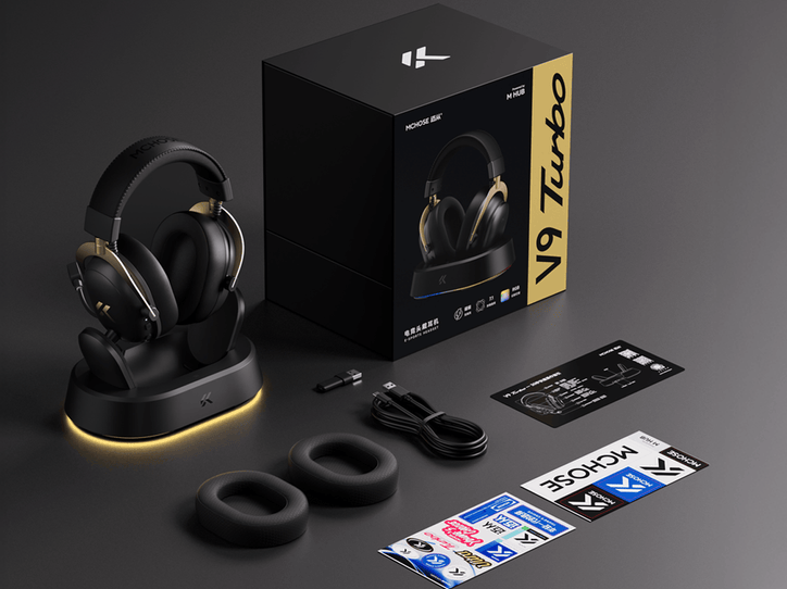 MCHOSE V9 Turbo+ Wireless RGB Gaming Headset with Magnetic Charging Station - Black Gold by MCHOSE