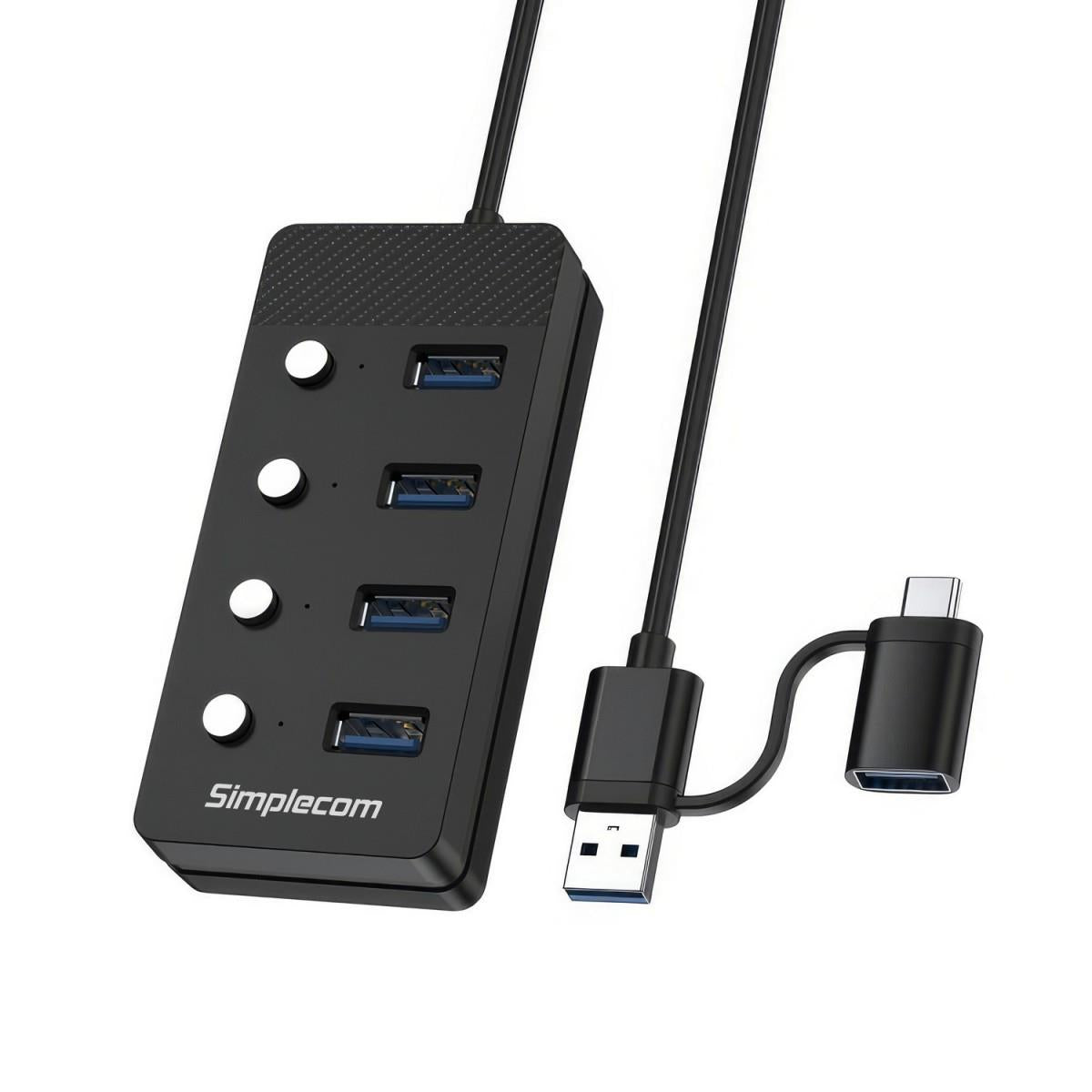 Simplecom CH345C SuperSpeed USB-A and USB-C to 4-Port USB 3.0 Hub 5Gbps Individual Switches and Power Adapter - Electronics > Electronics Accessories > Computer Components > USB & FireWire Hubs from Simplecom