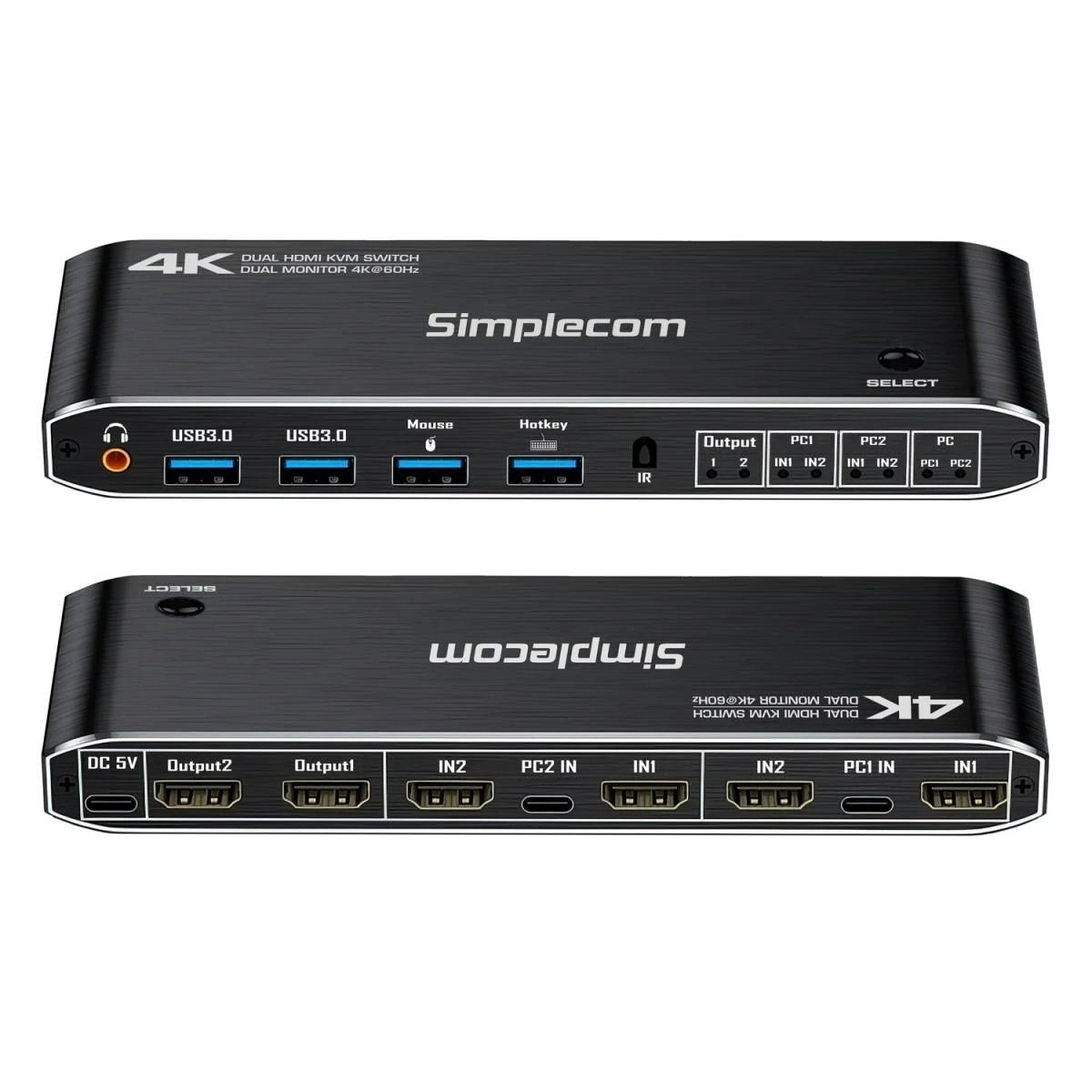 Simplecom KM430 Dual HDMI Monitor KVM Switch for 2 Computers with 4-Port USB Hub 4K@60Hz by Simplecom