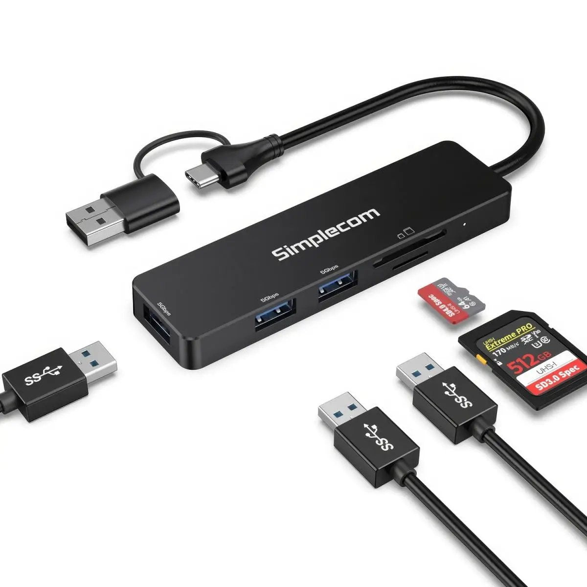 Simplecom CH365C SuperSpeed 3-Port USB Hub with SD MicroSD Card Reader USB-A and USB-C Dual Connector by Simplecom