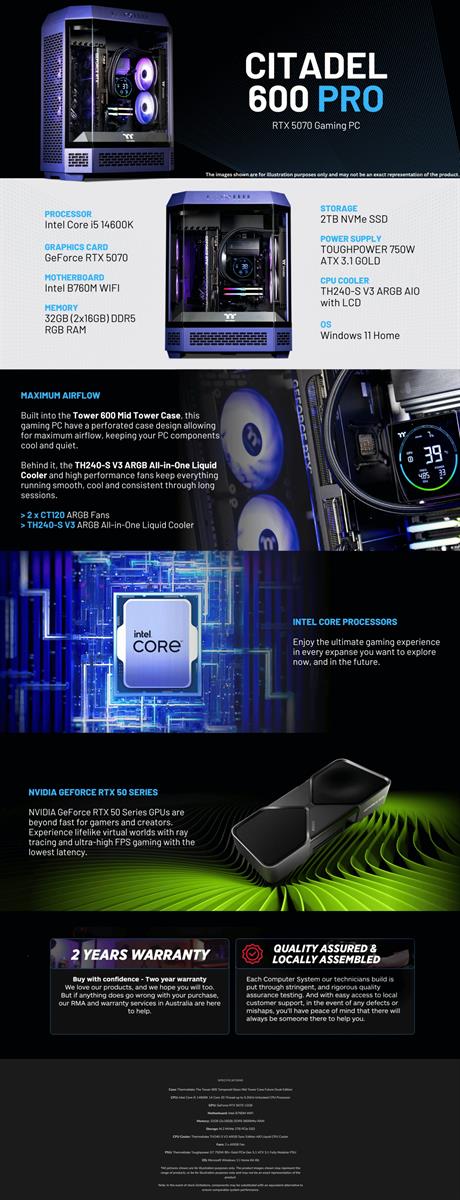 Thermaltake Citadel 600 Pro Desktop PC Intel Core i5-14600KF 32GB RAM RTX 5070 W11H - Tower 600 Future Dusk