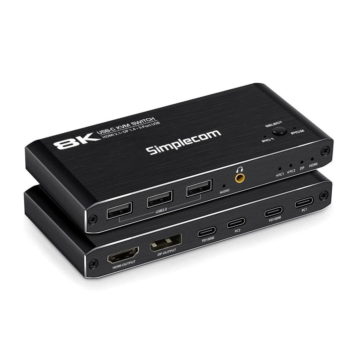 Simplecom KM470 2-Port USB-C KVM Switch 8K Docking Station HDMI 2.1 DP for Laptop Tablet by Simplecom