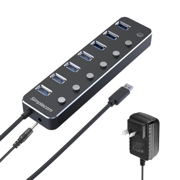 Simplecom CH375PS Aluminium 7 Port USB-3.0 Hub With Individual Switches and Power Adapter