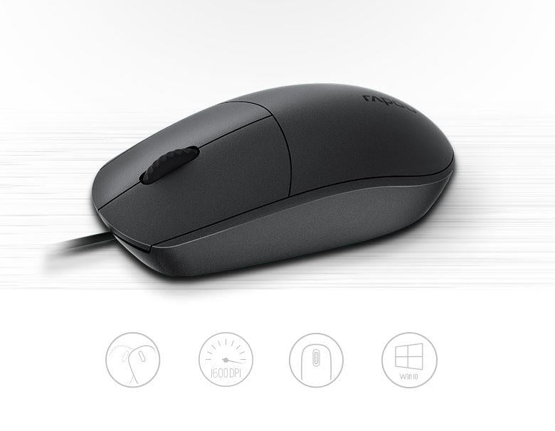 RAPOO N100 Wired USB Optical 1600DPI Mouse Black