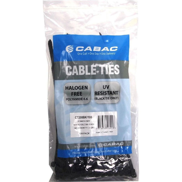 8Ware 200mm x 2.5mm (4in) Bag Of 100-Pack UV Resistant Wide Nylon Zip Cable Ties Black - IT Warehouse