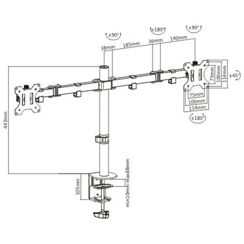 Brateck Dual Screens Economical Double Joint Articulating Steel Monitor Arm Fit Most 13in-32in Monitors
