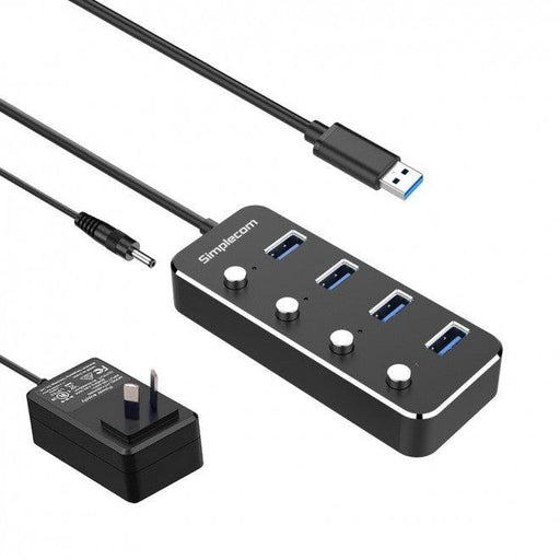 Simplecom CH345PS Aluminium 4-Port USB 3.0 Hub with Individual Switches and Power Adapter - IT Warehouse