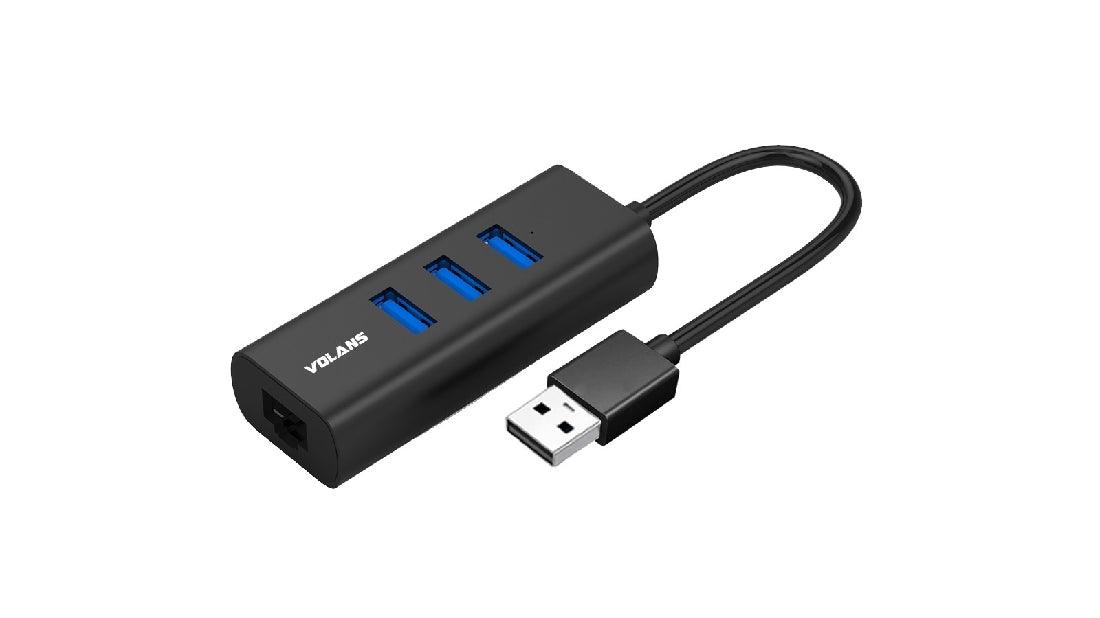 Volans Aluminium 3 Port USB-3.0 Hub + RJ45 Gigabit Ethernet Adapter - IT Warehouse